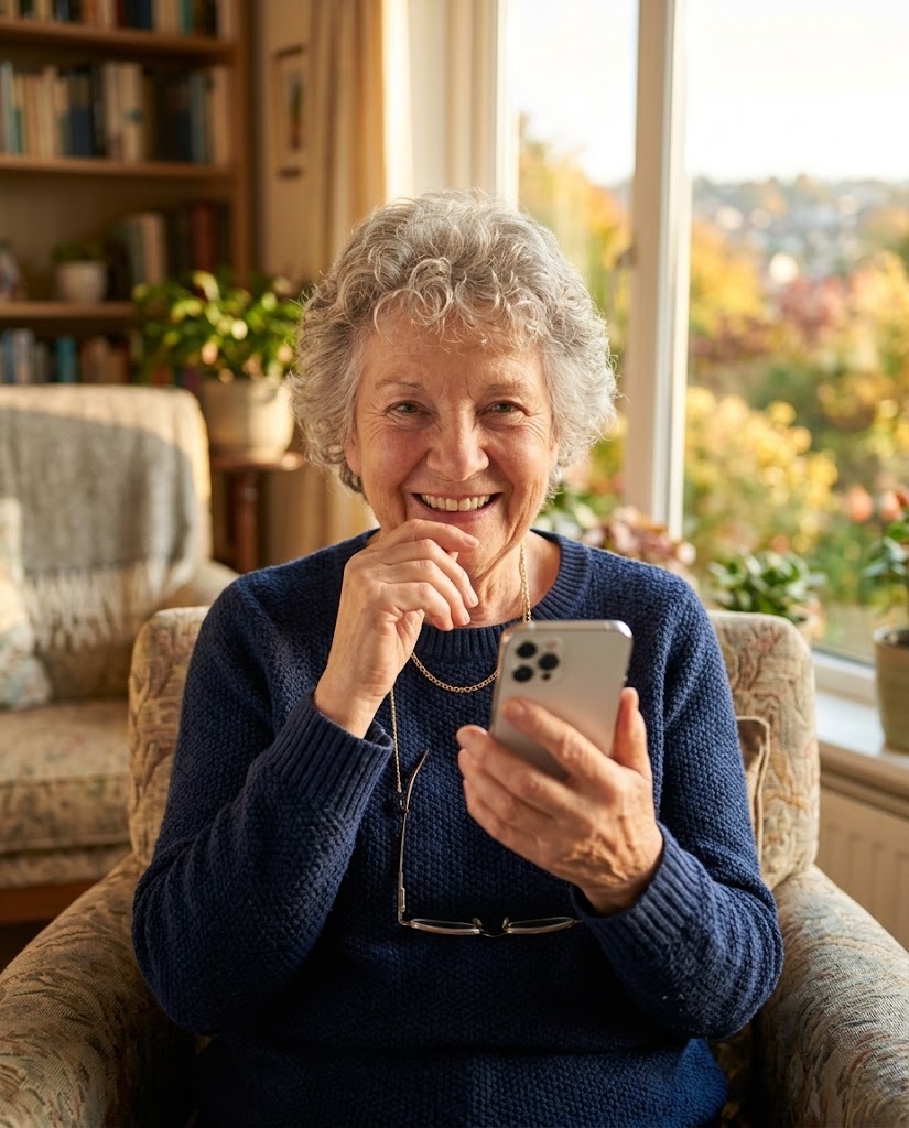 Senhora sorrindo enquanto usa o celular na poltrona de casa, no fim da tarde